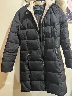 Ralph Lauren Black Quilted Long Puffer Coat with Faux-Fur Hood Trim